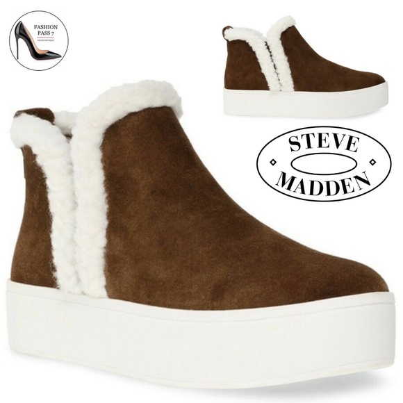 Steve Madden Shoes - Steve Madden Fern Bootie Brown Suede Leather White Fur Ankle Fashion Winter Boot